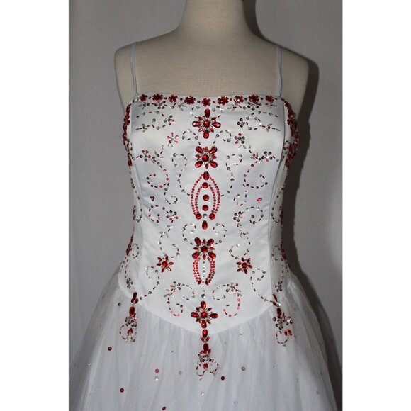 MayQueen#742 Satin & Tulle Beaded Prom Or Wedding Gown-Size 14-WHITE/RED-NWT - Picture 4 of 7